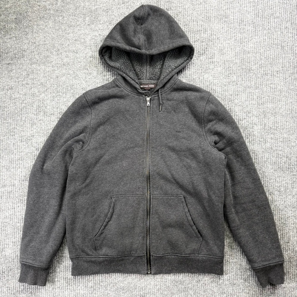 Michael Kors Mens Charcoal Gray Sherpa Lined Full Zip Hoodie Sweatshirt Large